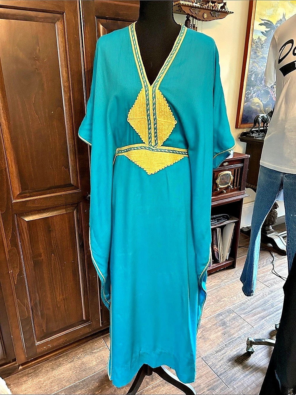 1970’s Moroccan Gandoura OSFM Turquoise w Sfifa Soutache Detail - Kaftan
